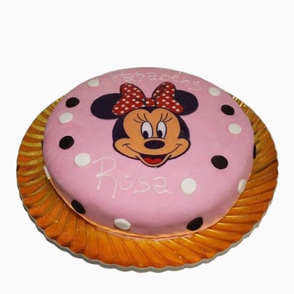 Bolo Rosa Com Cara Da Minnie E Bolinhas Pretas E Brancas Vista De Frente
