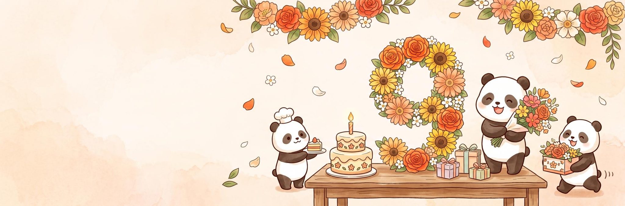 Pandas do ChefPanda a celebrar 9 anos com um 9 feito de flores, bolo e presentes